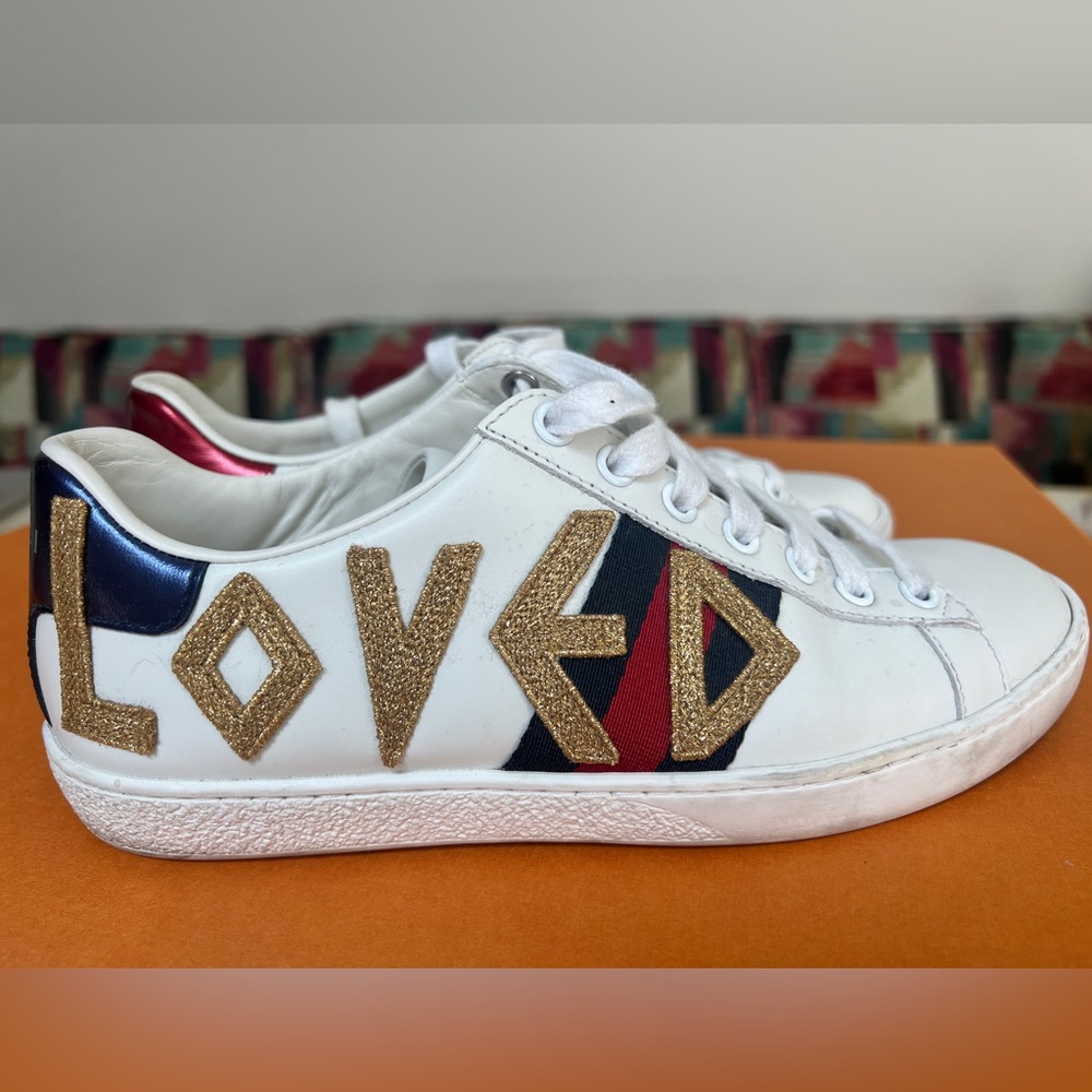 Gucci Ace Embroidered Loved Sneakers size 37 Red Blue FREE SHIP$629 Retail!